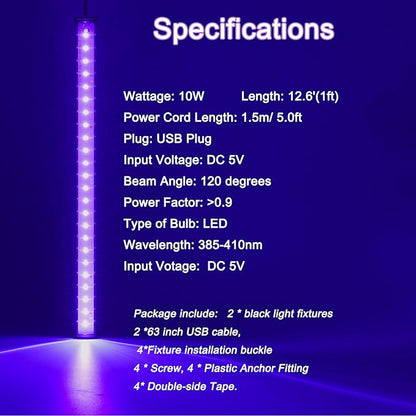 Black Light Bar, 1ft USB UV Black Light Fixture for Fluorescent Tapestry, Body Paint, Halloween, Christmas - 2-Pack with On/Off Switch