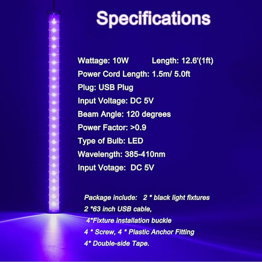 Black Light Bar, 1ft USB UV Black Light Fixture for Fluorescent Tapestry, Body Paint, Halloween, Christmas - 2-Pack with On/Off Switch