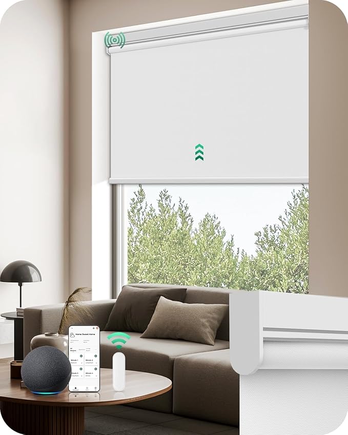 Allesin Motorized Roller Blinds with Remote Control for Windows, Blackout Automatic Smart Shades,Dry Battery Powered Electric Blind (Snow White 34" W x 72" H)