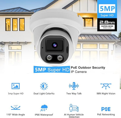 5MP PoE IP Dome Security Camera Outdoor, Full Color Turret IP Camera with Smart Dual Light, Two Way Talk, SD Card Slot, 98ft Night Vision, 110°Wide Angle, Human/Vehicle Detection