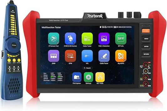 Rsrteng CCTV Tester 4K 12MP IP Camera Tester POE++ Max 90W POE Camera Tester OPM/VFL/DMM,8MP TVI/CVI/AHD/CVBS Coaxial Camera Tester,1CH SFP Module,WiFi,Network Tools,Cable Tester,HD/VGA,POE Detection