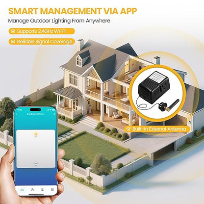 WiFi Smart Socket Timer for Low Voltage Landscape Lighting, App & Voice Control with Alexa/Google, 4 Smart Modes, 2.4GHz Wi-Fi, Easy to Install