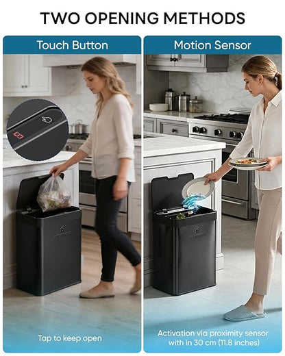 13 Gallon / 50L Touchless Automatic Trash Can, Slim Motion Sensor Kitchen Garbage Can, Stainless Steel, Soft Close Lid, Fingerprint Resistant, Hands-Free, Odor Control, Black