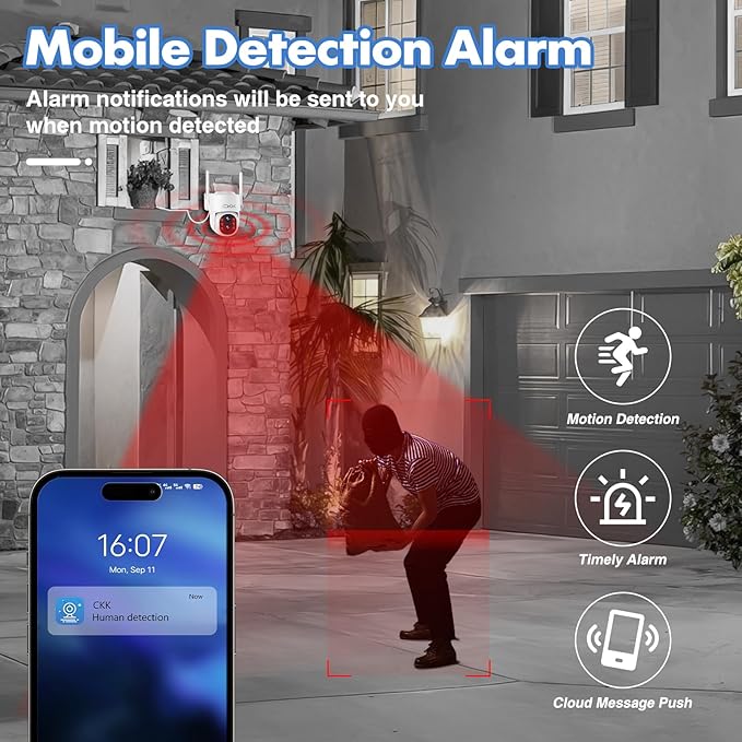 CKK 2MP Dual Lens Camera,Wireless WiFi 2.4/5GHz Outdoor Security Cameras Plug&Play for 10X Zoom Pan&Tilt 360°,AI Motion Detection/Light Alarm, 24/7 Recording, Work w/Alex