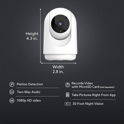 Feit Electric Indoor Security Camera with Motion Detection, 30ft. Night Vision, Pan and Tilt Head, 2.4GHz WiFi, 2-Way Audio, 1080p HD, Works with Alexa & Google Asst, Plug-in, White, CAM/PAN/WiFi/G2