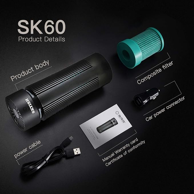 Air Purifier, True HEPA Filter, Auto Control plus Air Quality Monitor, Quiet in Car/Home, Three Purification Modes（SK-60）