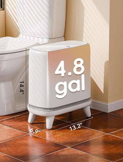 Dog Proof Small Bathroom Trash Can with Lid, Slim Press Top Garbage Can, Narrow White Plastic Waste Basket, for Bathroom Bedroom Office Raised Legs 4.8 Gal with 5 Roll 75 Trash Bags
