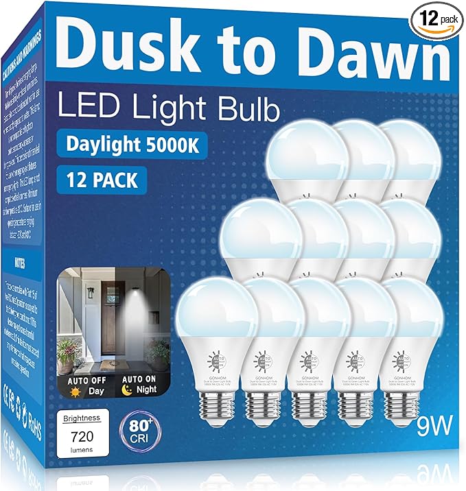 Gonhom 12 Pack Dusk to Dawn LED Outdoor Light Bulb, 5000K-Daylight Dusk to Dawn Light Bulbs, 720LM, 9W(60W Equivalent) A19 E26 Automatic On/Off LED Outdoor Light Bulbs for Porch Lights Garage Patio