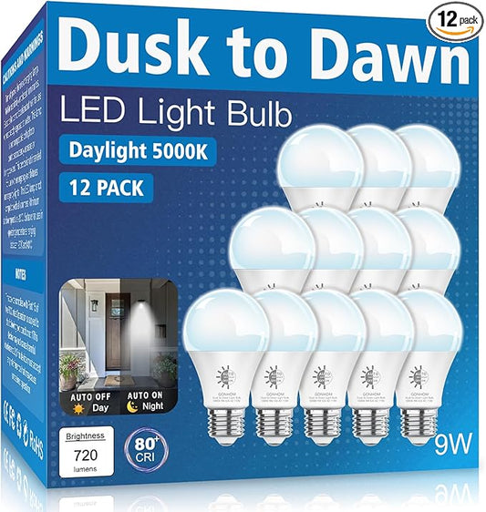 Gonhom 12 Pack Dusk to Dawn LED Outdoor Light Bulb, 5000K-Daylight Dusk to Dawn Light Bulbs, 720LM, 9W(60W Equivalent) A19 E26 Automatic On/Off LED Outdoor Light Bulbs for Porch Lights Garage Patio