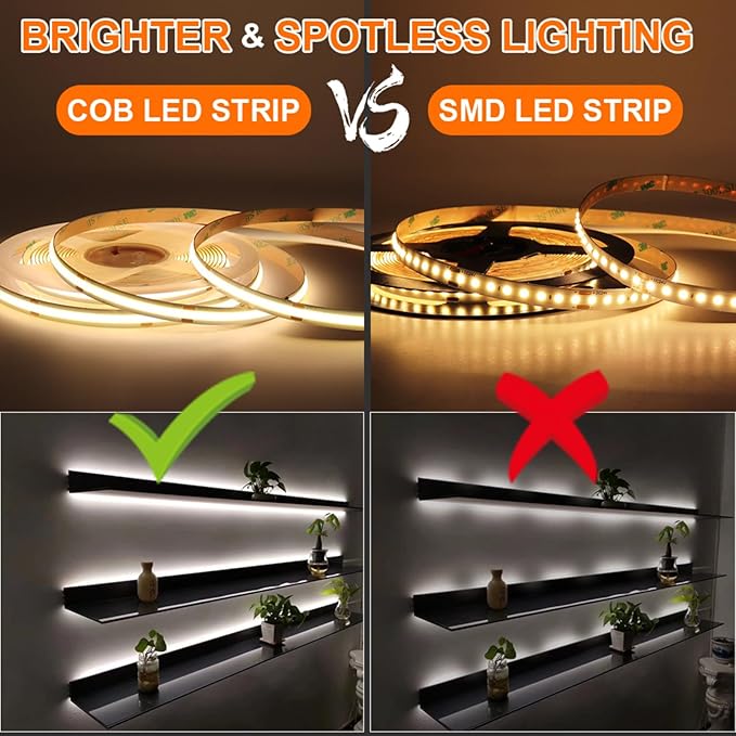 32.8FT COB LED Strip Light 24V 3000K RA90+ Flexible High Bright Dimmable LED Tape, 8mm Width Strip Light with 3840 LEDs for Home Indoor Lighting Decor (Without Power Supply or Adapter)