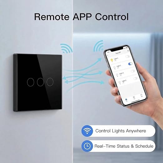 3-Way Smart Switch Wall Light Control Touch,App Remote Control,Black | 3-Way WiFi BT 433MHz RF Tuya App control, Alexa Google voice, no hub, tempered glass touch panel for home indoor lights