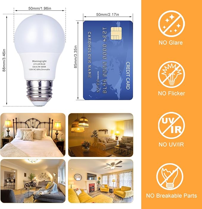 MorningLight 6 Pack A15 LED Light Bulbs 60 Watt, E26 Dimmable LED Light Bulb 3000K Soft White, 6.5W A15 Ceiling Fan Light Bulb for Pendant, Lighting Fixtures, 600 Lumens Bulb