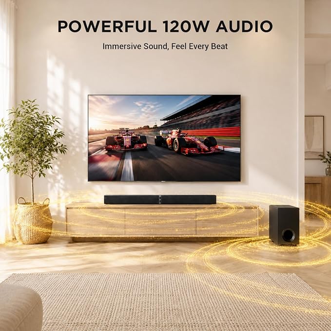 Sound Bar with Subwoofer,120W Sound Bar Bluetooth 5.3 Soundbar Surround Sound System, Detachable Home Theater Speaker with ARC/Optical/AUX Connection, Remote Control for TV/PC/Projector
