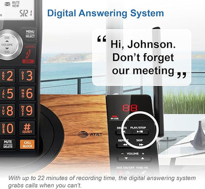 AT&T CL82167 Cordless Phone with Answering Machine, Call Blocking, Caller ID Announcer, Intercom and Long Range, Black & Wood Grain Finish