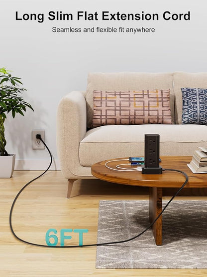 Power Strip Tower Surge Protector, 6FT Flat Plug Extension Cord with Multiple Outlets, 12 AC Outlets 4 USB (2 USB C), Desktop Charging Station with Surge Protection for Home Office Dorm Room, Black