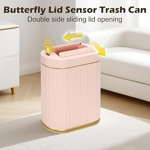 SYNCVIBE Bathroom Trash Can with Lid Butterfly 2 Gallon Sensor Trash can, Dorm Decor Waterproof Garbage Can, Automatic Slim Trash Bin, Under-Counter Wastebasket for Kitchen, Bedroom, Living Room, Pink
