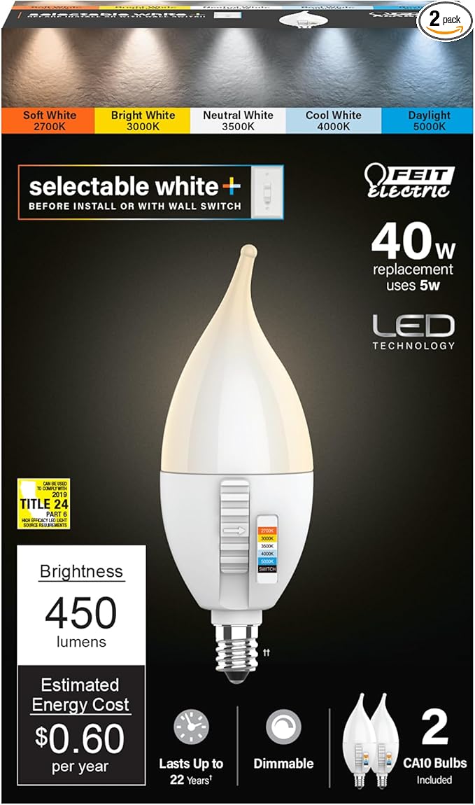 Feit Electric CA10 LED Candle Bulb Flame Tip, 40W Equivalent, Dimmable, Color Selectable 6-Way, 5CCT, E12 Candelabra Base, 90 CRI, 450 Lumens, Chandelier Bulb, 22-Year Life, CFF40/6WYCA/2, 2 Pack