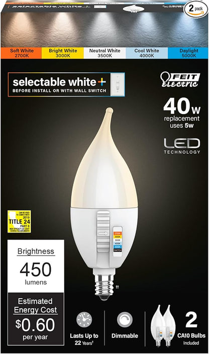 Feit Electric CA10 LED Candle Bulb Flame Tip, 40W Equivalent, Dimmable, Color Selectable 6-Way, 5CCT, E12 Candelabra Base, 90 CRI, 450 Lumens, Chandelier Bulb, 22-Year Life, CFF40/6WYCA/2, 2 Pack