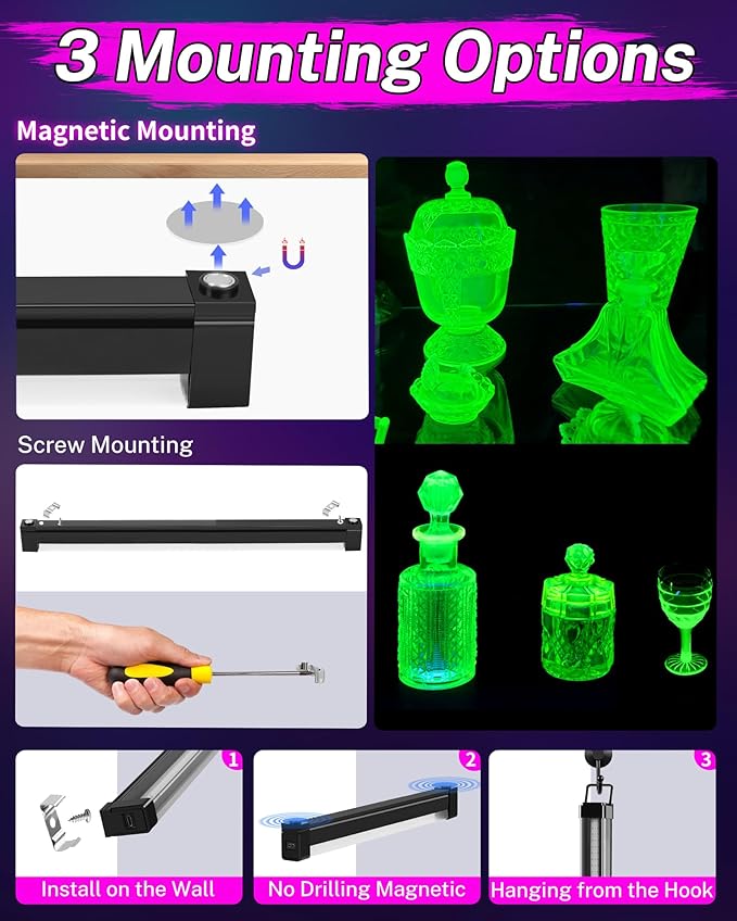 2 Pack Rechargeable Black Light Bar, 5000mAh Large Capacity Battery Powered Black Lights for Glow Party, Portable Blacklight Party Supplies for Uranium Glass, Fluorescent Poster, Bedroom, Halloween