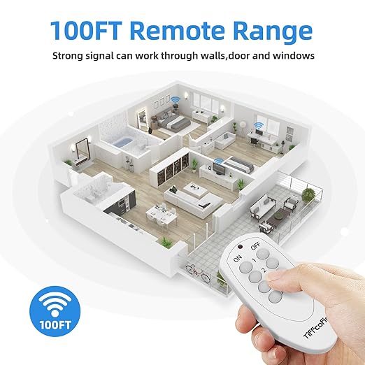 TiFFCOFiO Remote Control Outlet Plug, Indoor Wireless Light Switches, 100ft Range Remote Control, 15A/1875W, ETL Listed