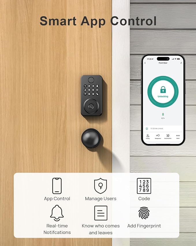 Fingerprint Door Lock with Handle, Smart Keyless Entry Door Lock with App, Stores 50 Fingerprints and 50 User Codes, IP65 Weatherproof Keypad Deadbolt for Front & Interior Doors, Auto-Lock, Black