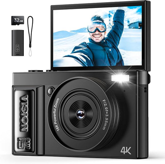 Digital Camera 4K for Photography - 64MP Cameras for Video - 180°Flip Screen Compact Cámara - 16X Zoom Photo Camera Gifts for Teens Ages 8-18 - Point and Shoot Digital Cameras for YouTube Vlogging
