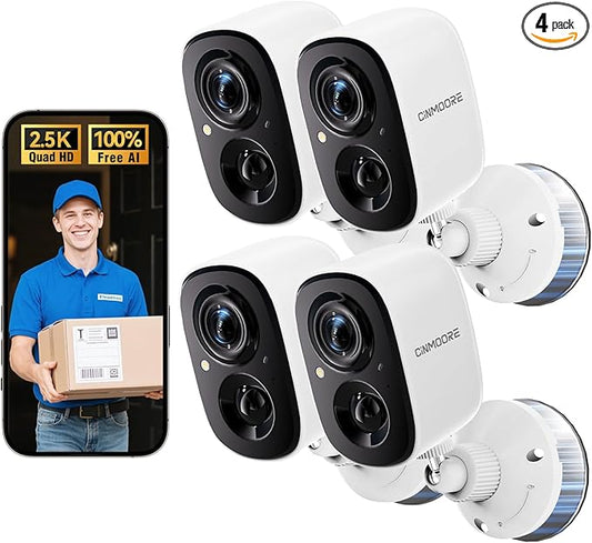 2.5K Wireless Home Security Cameras 4-Pack, Outdoor WiFi Non-Subscription AI Person Detection, 4MP Color Night Vision, Full Duplex 2-Way Audio, IP66 Waterproof Battery Powered, U.S. AWS Cloud
