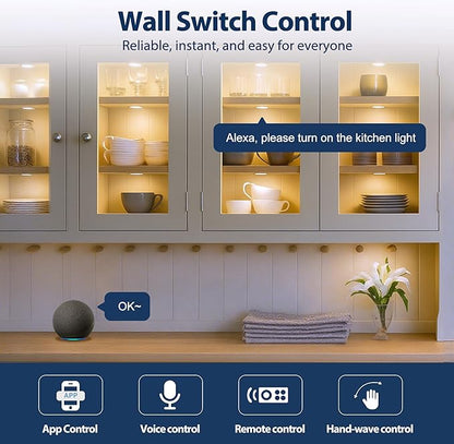 V4light Smart LED Puck Lights, Under Cabinet Lighting with Remote Control, Color Temperature Adjustable, Works with Alexa & Google Home, Plug-in Lights for Kitchen, Counter, Closet, Shelf (6 Pack)