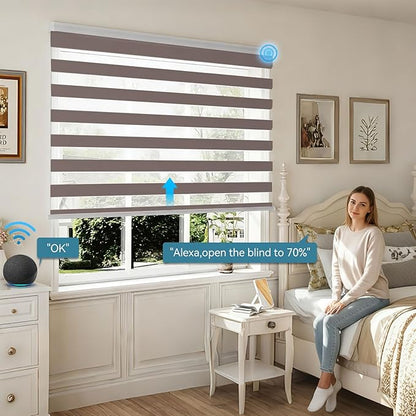 Interior Window Shades, Smart Dual Layer Light Filtering Blinds Compatible with Alexa & Google Home, Customized Size Cordless Electric Window Shades, (Brown, 70% Blackout)