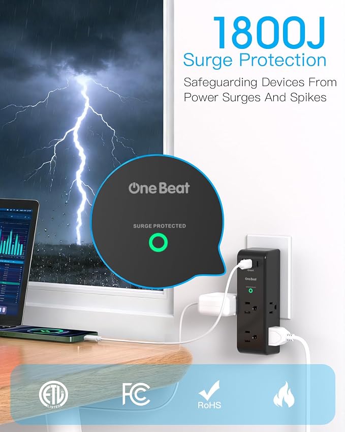 Surge Protector Outlet Extender, Multi Plug Wall Outlet,Rotating Plug,Black