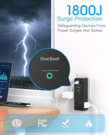 Surge Protector Outlet Extender, Multi Plug Wall Outlet,Rotating Plug,Black