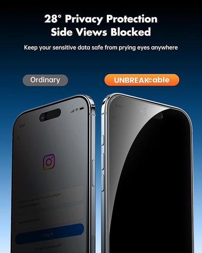 UNBREAKcable Privacy Screen Protector for iPhone Air, Shatterproof Tempered Glass [True 28°Anti Spy] [9H Hardness] [Easy Installation Frame] Private Protector for iPhone 6.5inch-2 Pack