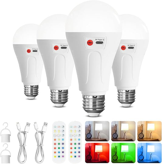 4 Packs E26 Rechargeable Light Bulbs with Remote, A21 Wireless 2000mAh Battery Operated LED Light Bulbs for Lamp, 3 Color Temperatures Dimmable Color Changing Bulb for Outdoor Use