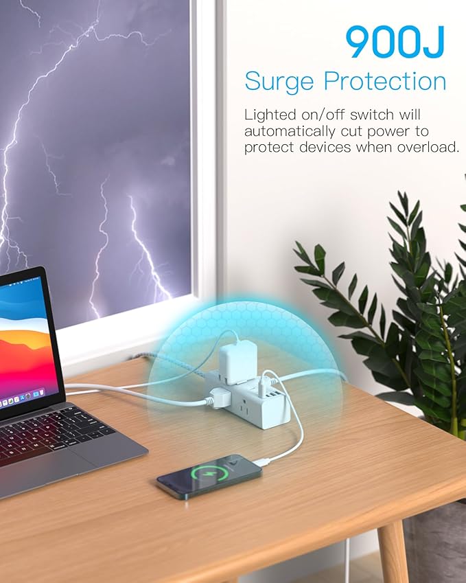 Short Extension Cord 3Ft, Flat Plug Power Strip Surge Protector - 6 Widely Outlets with 4 USB Ports (2 USB C), Wall Mount Small Power Strip for Travel Home Office College Dorm