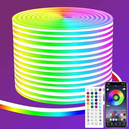 segrass 50ft RGB LED neon Rope Lights LED neon Lights with Remote Control/APP Control IP65 Waterproof Flexible Neon LED Strip Lights for Bedroom Room Outdoors Décor