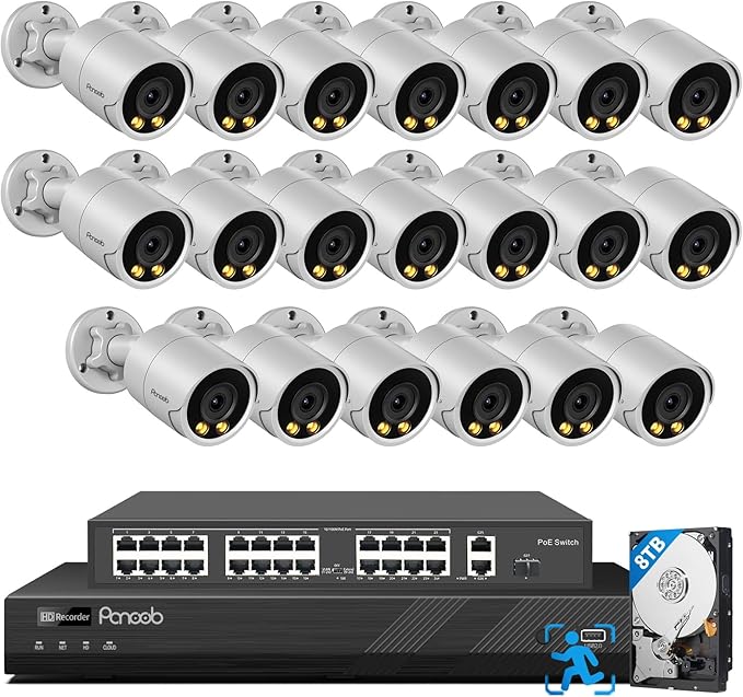 32 Channel Security Camera System for Business, 4K 32CH PoE NVR 8TB HDD, 20x 5MP Wired IP PoE Cameras Outdoor, Smart Color Night Vision, AI Human Vehicle Detection, Built-in Mic, PB38F2032-5M