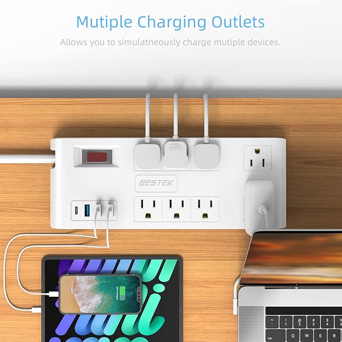 BESTEK 8 AC Outlet, 12 Feet Extension Cord Power Strip with 3 USB-A 2.4A 1USB-C 3A, MAX Output 1625W 13A, 600Joule, Ultra-Compact Wide Spaced Outlet for Large Plug