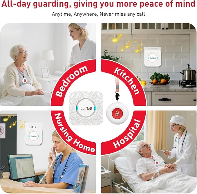 CallToU Caregiver Pager Wireless Call Button Nurse Alert System 500+ Feet for Home/Elderly/Patient/Disabled 1 Plugin Receiver 1 Waterproof Transmitter 1 Watch Transmitter