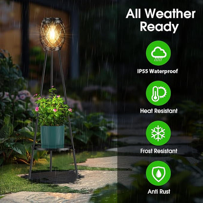 MXwcy Solar Floor Lamp with Plant Stands，Solar Lights Outdoor with Vintage LED Edison Bulbs, Weatherproof Garden Lights for Pathway, Patio, Yard, 8-10 Hours Lighting, IP55 Waterproof