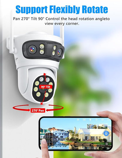 Wireless Security Camera 3 Lens 5G/2.4G WiFi 6MP Triple Lens Camera,2K HD PTZ Dome Cameras with Automatic Cruise, Color Night Version, Motion Detection