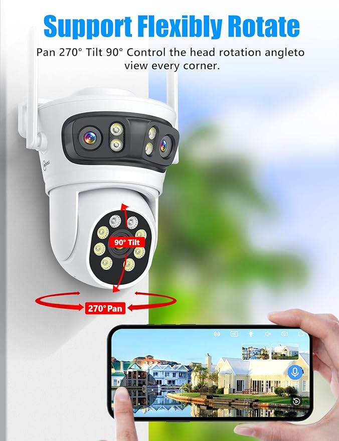 Wireless Security Camera System Triple 3Lens Camera 5G/2.4G WiFi 4pcs 6MP 2K HD PTZ Dome Cameras System with Color Night Version,Automatic Cruise,Motion Detection,1TB HDD, 16CH