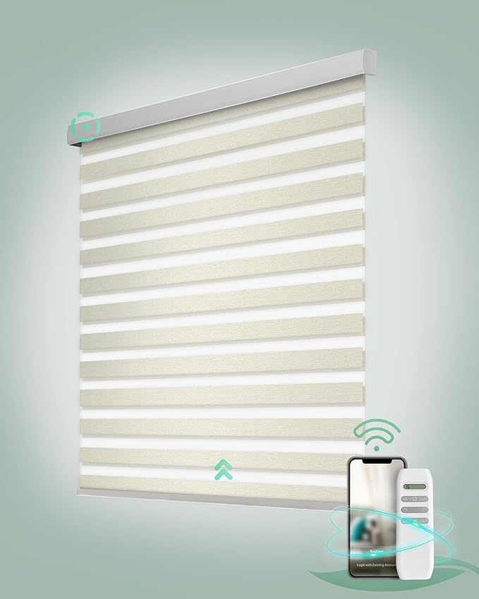 Yoolax Motorized Zebra Blinds, Remote Zebra Shades for Indoor Windows, Motorized Shades with Remote Light Control Horizontal Window Blinds Custom Size(80% Shading Beige)