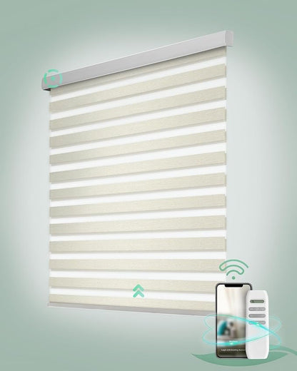 Yoolax Motorized Zebra Blinds, Remote Zebra Shades for Indoor Windows, Motorized Shades with Remote Light Control Horizontal Window Blinds Custom Size(80% Shading Beige)