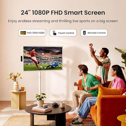 ApoloSign 24 Inch FHD Smart Portable TV on Wheels, Android 16 EDLA Certified, 128GB Storage, Built-in 5200mAh Battery, Voice Remote, Touch Screen TV with Rolling Stand for Home, Office - Gen2