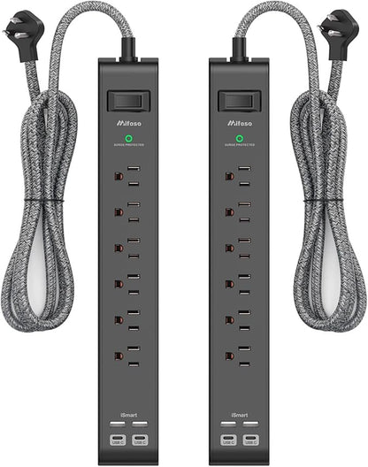 2 Pack Surge Protector Power Strip, Slim Flat Plug, Braided Extension Cord, 5-Foot, 900 Joules, 6 Outlets 4 USB Ports, Wall Mount for Home Office Dorm