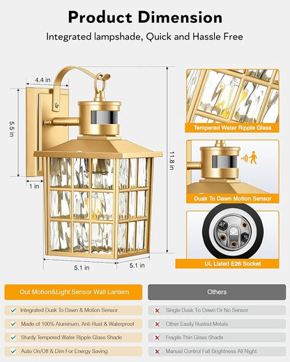 VIANIS Gold Motion Sensor Porch Lights Outdoor, Adjustable Brightness