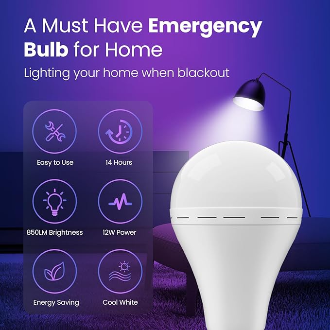 Emergency Rechargeable Light Bulbs, Stay Lights Up When Power Failure, 1500mAh 12W 60W Equivalent LED Light Bulbs for Home, Camping, Hiking (with Hook,with Plug Cap,with socket adapter) 6 Pack
