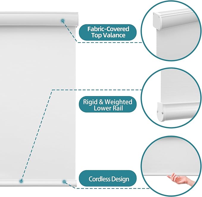 Changshade Custom Size Cordless Roller Shades, Blackout Roller Window Blinds with Thermal Insulated for Office, Living Room, Bedroom, Kitchen, Easy Installation,White