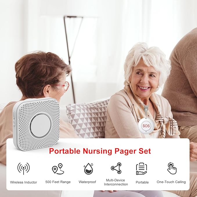 XUK Wireless Nursing Call System for Elderly Monitoring Includes 1 SOS Call Button and 1 Receiver Nurse Call Alarm Home Elderly Call Button with 500+ FT Reception Range Suitable for Seniors/Patients