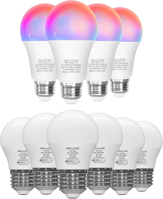 ORALUCE 丨 Bundle - A15 Lightbulbs Cool White 6500K (Pack of 6) & Smart LED Bulb A19 Wi-Fi and Bluetooth (Pack of 4)
